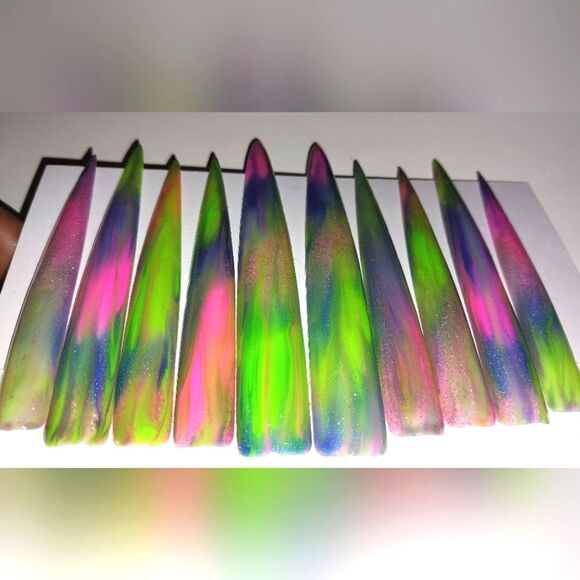 Hand crafted custom luminous tie dy10pc xxxl long acrylic presson nails sz Large - Picture 5 of 6